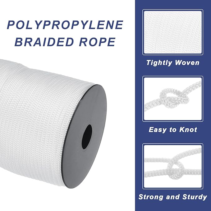 MECCANIXITY 5/32 Inch Polypropylene Rope Braided Ropes, 328ft Camping Rope Hollow Utility Cord for Clothesline, Hiking, Outdoor, White