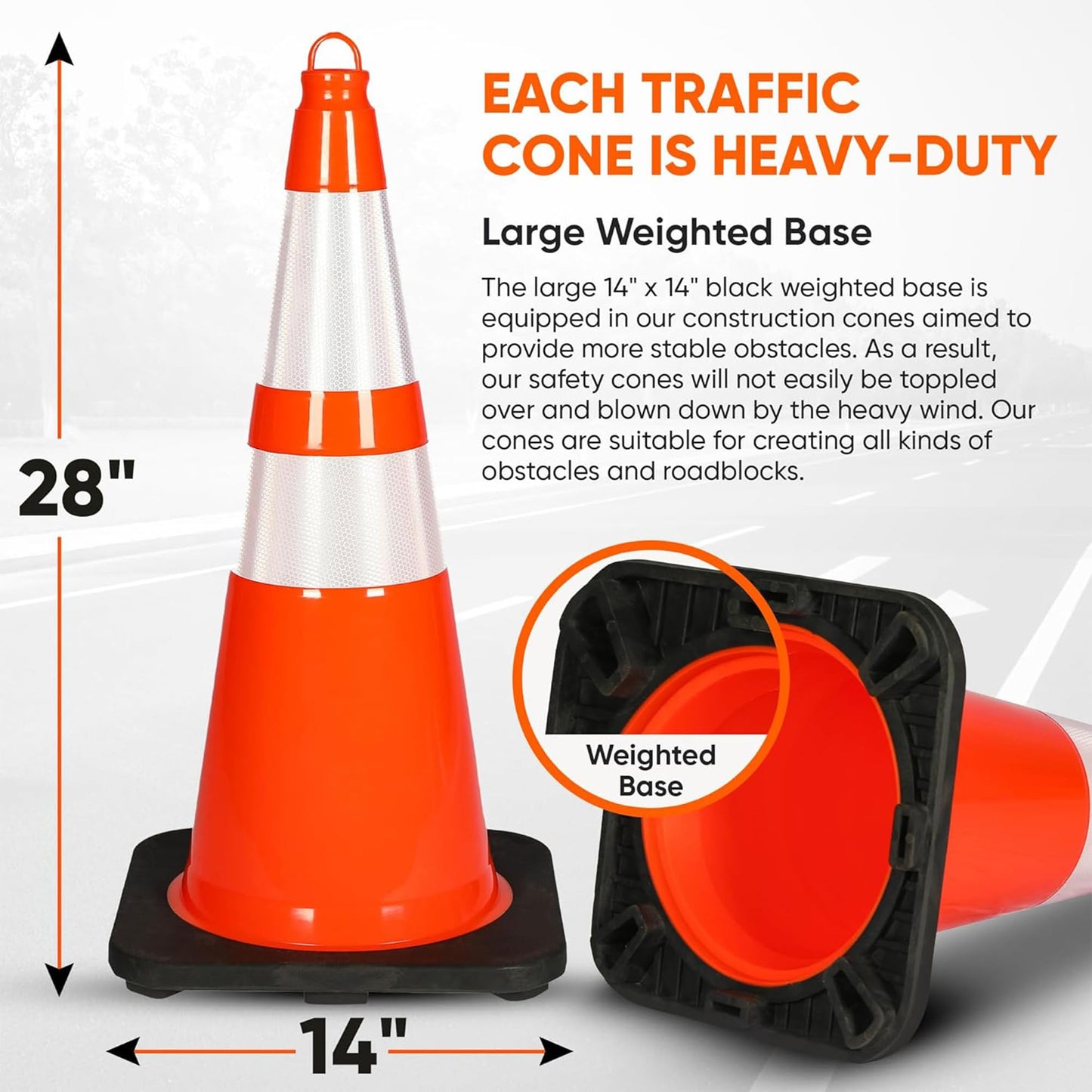 Pyle 28" PVC Traffic Cones, 8-Pack Safety Cones for Parking, Construction, Roadwork, & Sports Training, High-Visibility Orange, Durable, Stackable Design, Heavy-Duty Base for Stability in All Weather