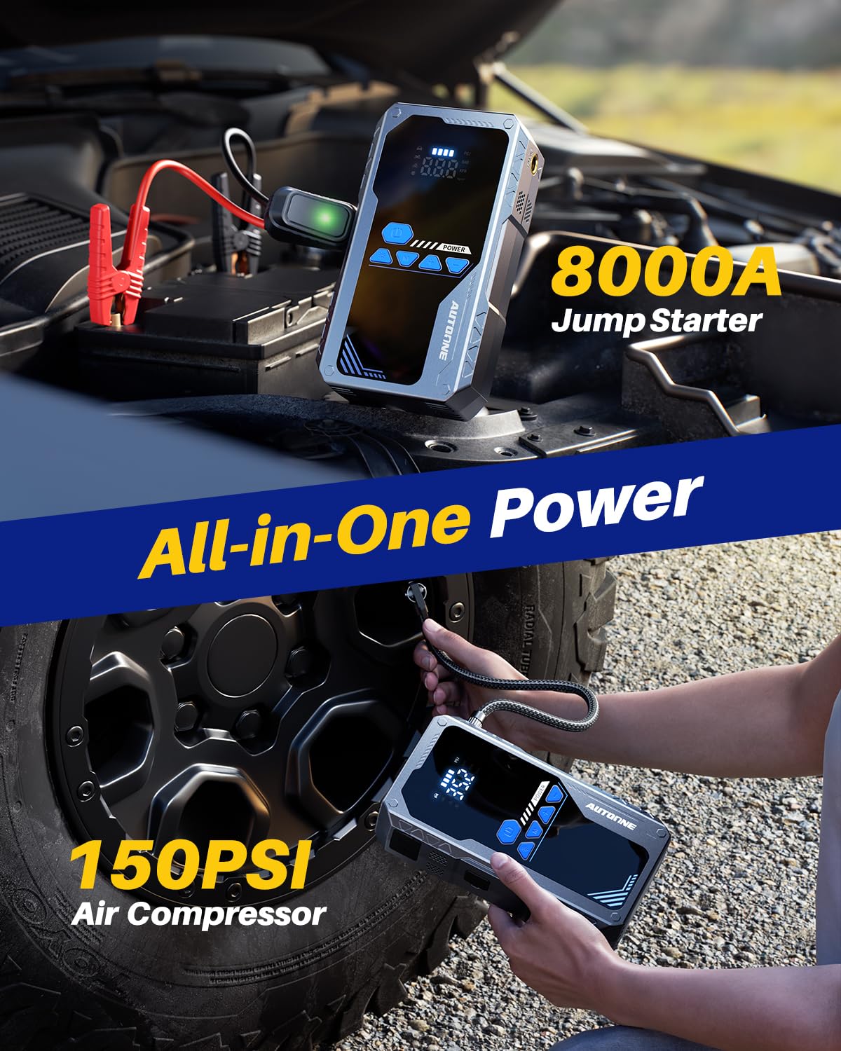 AUTOONE JWA2 Jump Starter with Air Compressor (All Gas/12L Diesel), 150PSI Car Jumper Starter Portable, Jump Box Tire Inflator with LED Flashlight, LCD Display, Storage Case