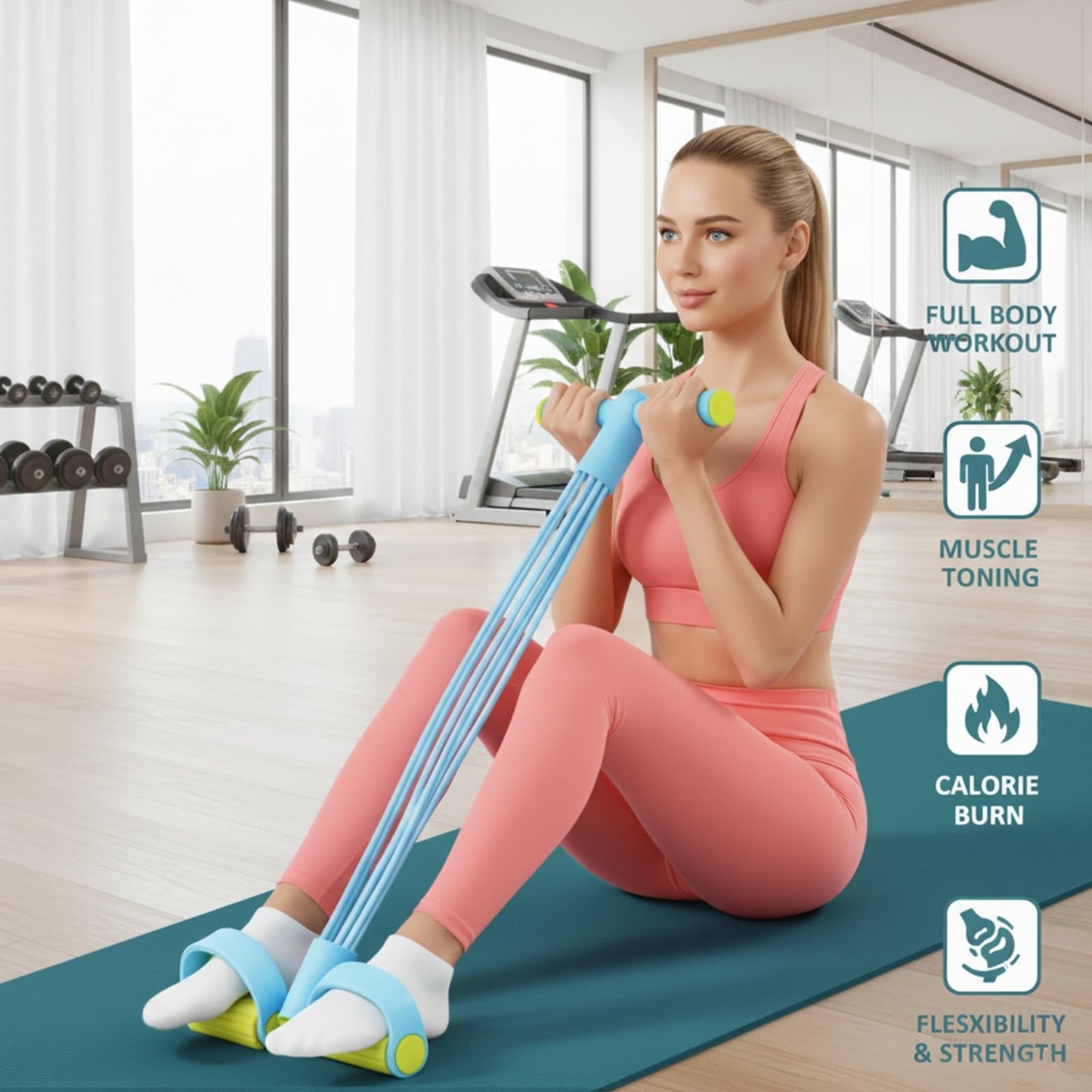 Pedal Resistance Band with Handle, Blue 8 Tube Multifunction Fitness Bands for Full Body Workout, Abdominal, Leg, Arm, Back Slimming Training