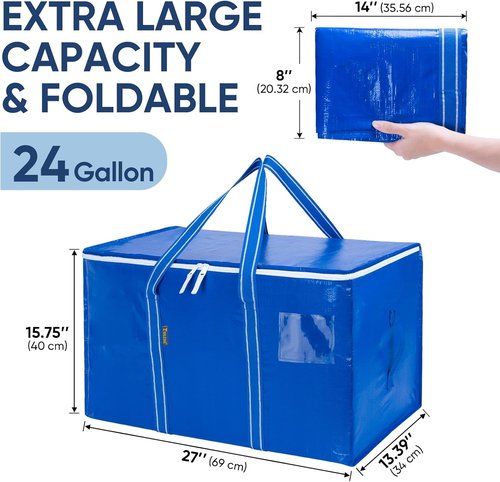 BALEINE Oversized Moving Bags - Heavy-Duty Storage Totes with Reinforced Handles | Royal Blue, 4-Pack