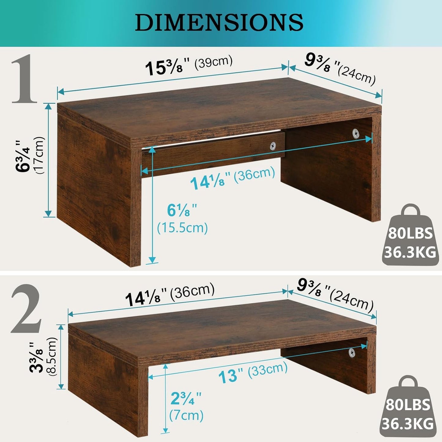 2 Pack 2 2 TEAMIX Monitor Stand Riser Rustic Brown,Wood Tier Adjustable Monitor Stand Dual Monitor Riser