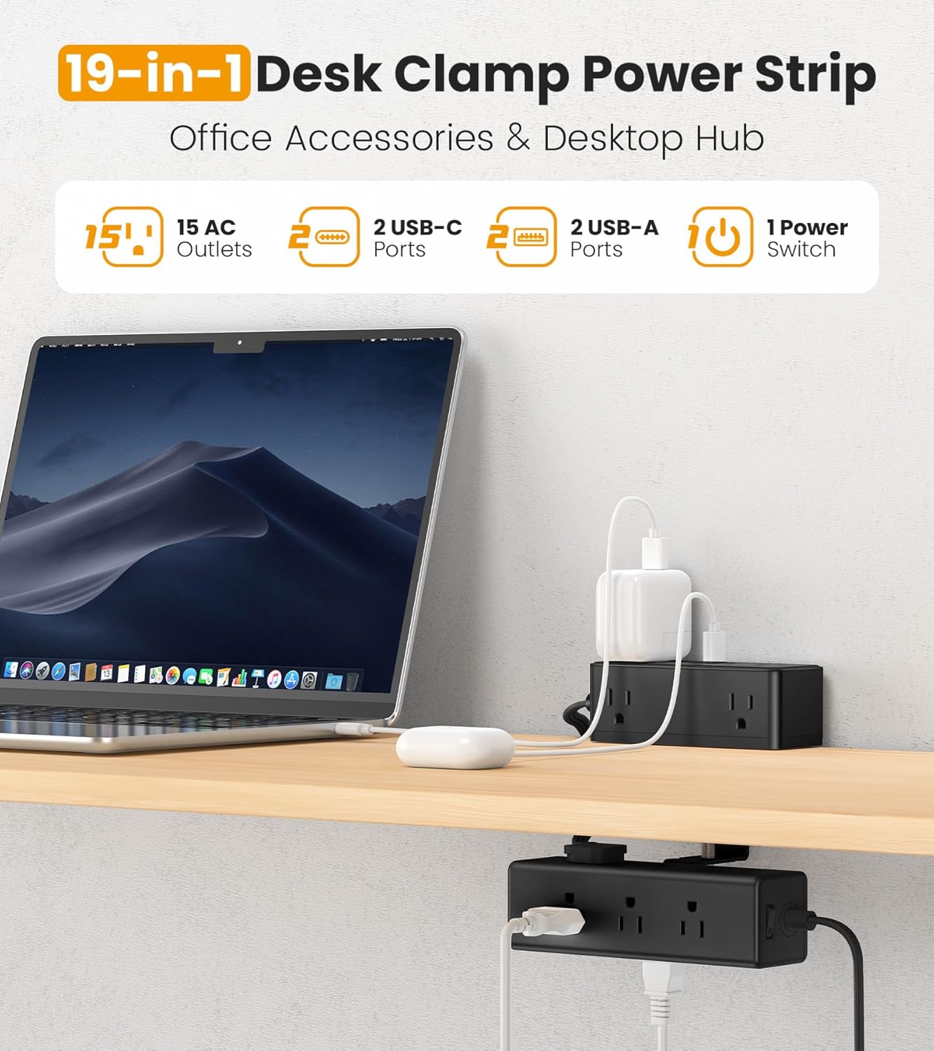 VILONG 4 Ports(20W 15 5FT Dual Layer Desk Clamp Power Strip with USB USB-C) & AC Outlets, Desktop Edge Mount Surge