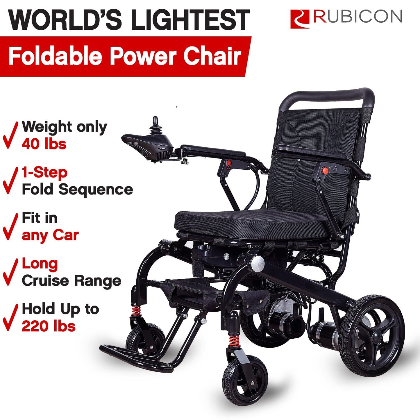Rubicon DX07 All Terrain Foldable Electric Wheelchairs for Adults - Powerful 500W Motor - 12 mi Cruise Range - Detachable Airline Friendly Battery Supports up to 265 lbs (Black)
