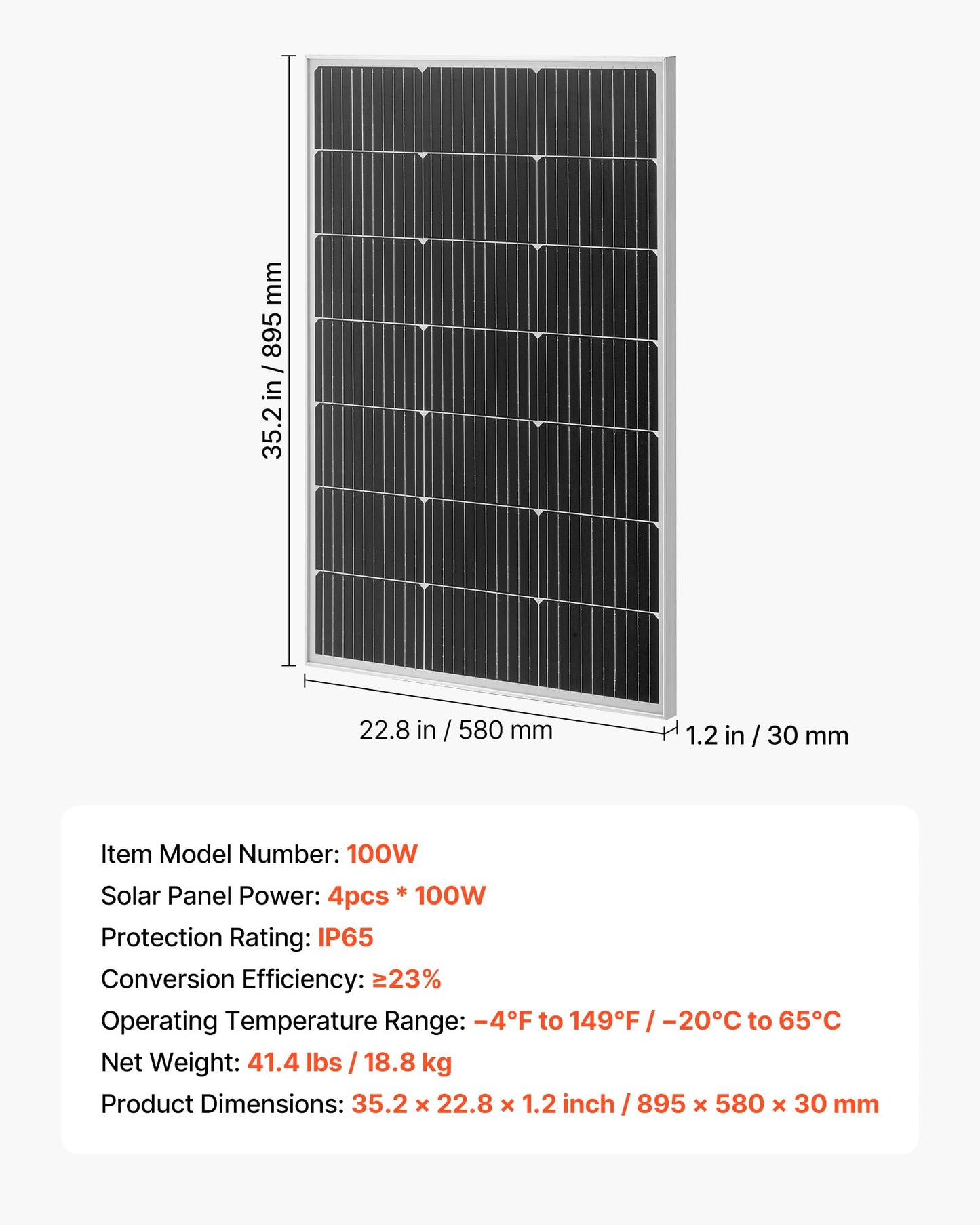 VEVOR 4PCS 100W Monocrystalline Solar Panels, 23% High-Efficiency Mono PV Module with Stable MC4 Output & Aluminum Frame, IP65 Waterproof Solar Panel for Car Boat RV Flat Rooftop Off-Grid Applications