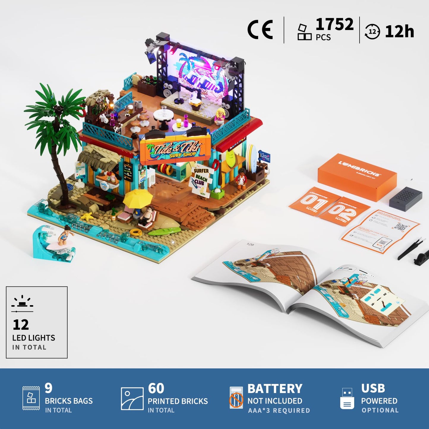 Lumibricks Surf Shop Lighting Building Bricks Set - Coast Club Modular Collection Display Kit with LED and Minifigures 1752 Pcs for Adults & Teens & Marine Enthusiasts