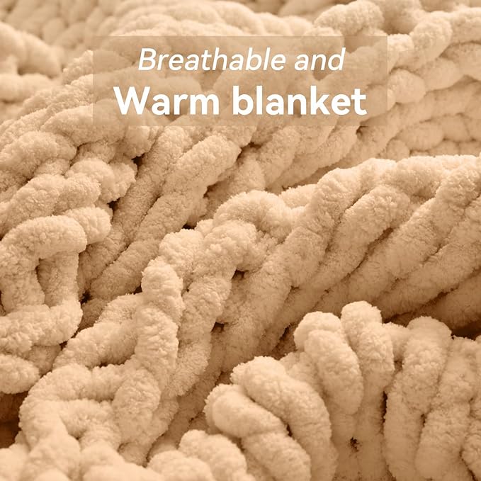 Negwoo Chunky Knit Throw Blanket, 60''*80'' Knitted Throw Chenille Yarn for Bed Couch, Handmade Beige Crochet Big Thick Blanket, Machine Washable Cute Comfy Blanket for Home Decor