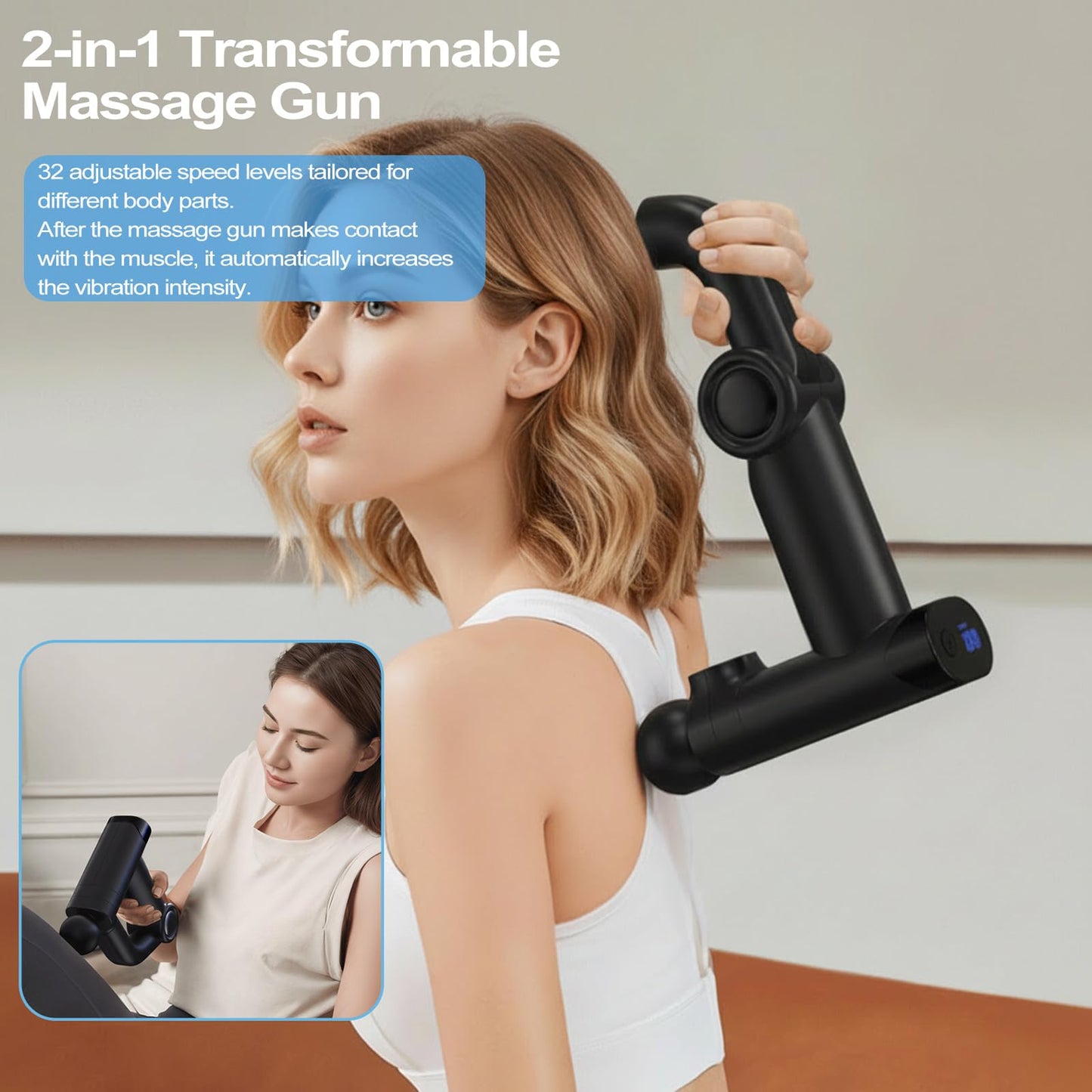HISBO Foldable Massage Gun with Upgraded Extension Handle, 32 Speeds Massage Gun Deep Tissue - Back Massager for Pain Relief Deep Tissue, Muscles/Neck/Shoulders/Waist/Legs Massager
