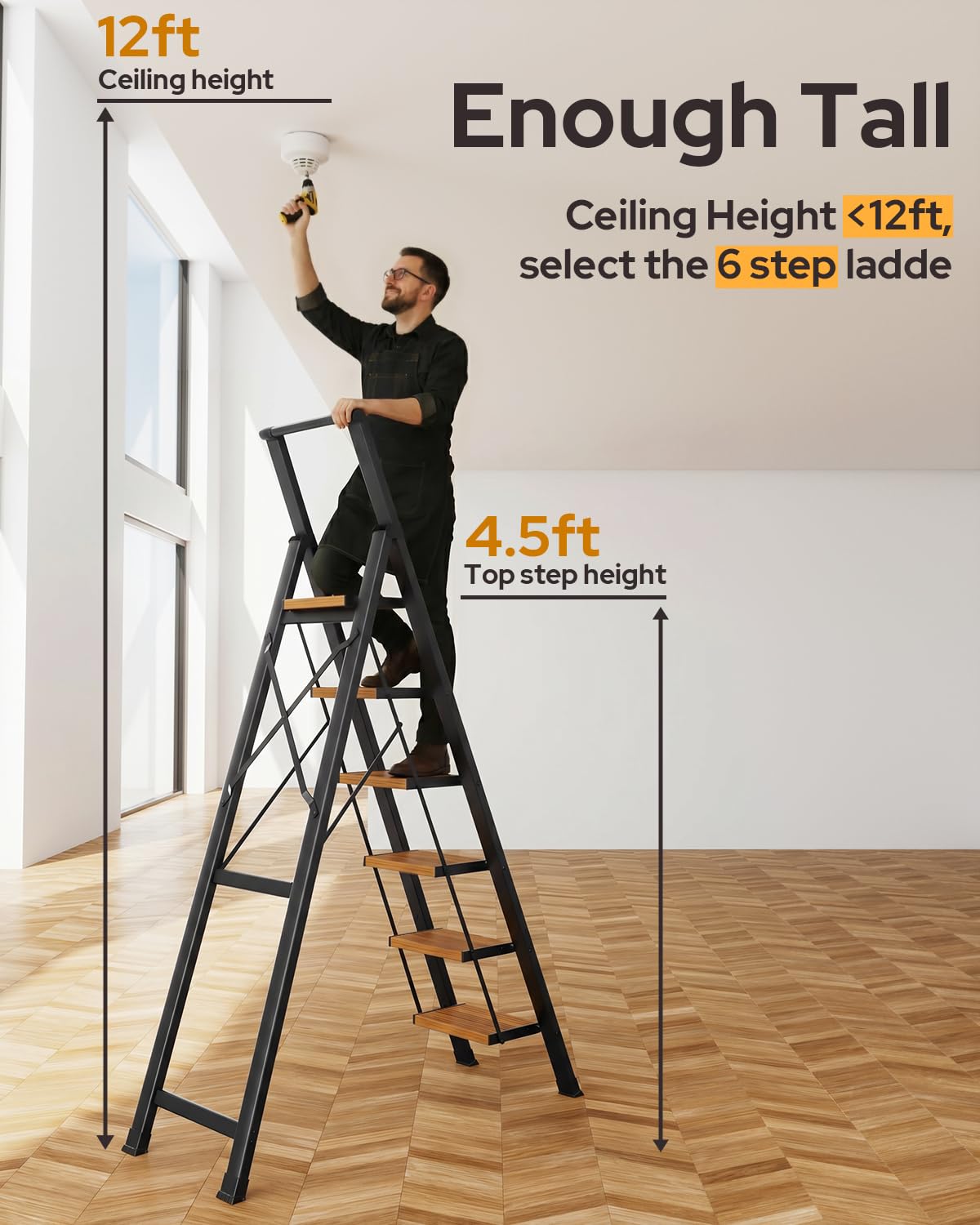GameGem 6 Step Ladder for 12 Feet High Ceiling, Lightweight Aluminum Folding Step Stool with Convenient Handgrip, Stepladders with Anti-Slip and Wide Pedal for Home Use Space Saving - Black+Woodgrain