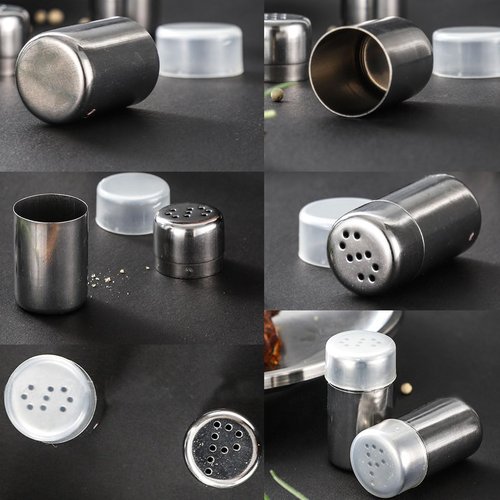 2-Pack Mini Salt Pepper Shaker,5ml Salt and Pepper Shaker with Lid,Stainless Steel Spice Jars Seasoning Dispenser for Salt Sugar Spice Pepper (Silver, Small)