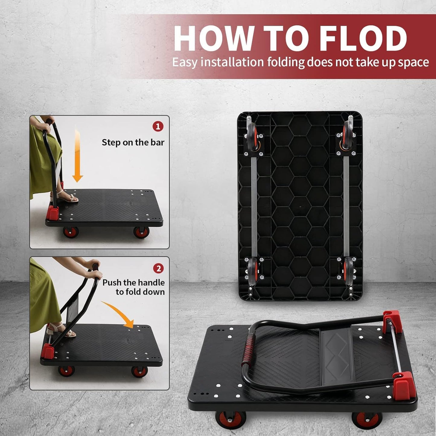 Lomive Platform Truck Push Cart Dolly, Foldable Hand Trucks with 1000LB Weight Capacity 36x24Inch Large Size for Easy Storage and 360 Degree Swivel Wheels