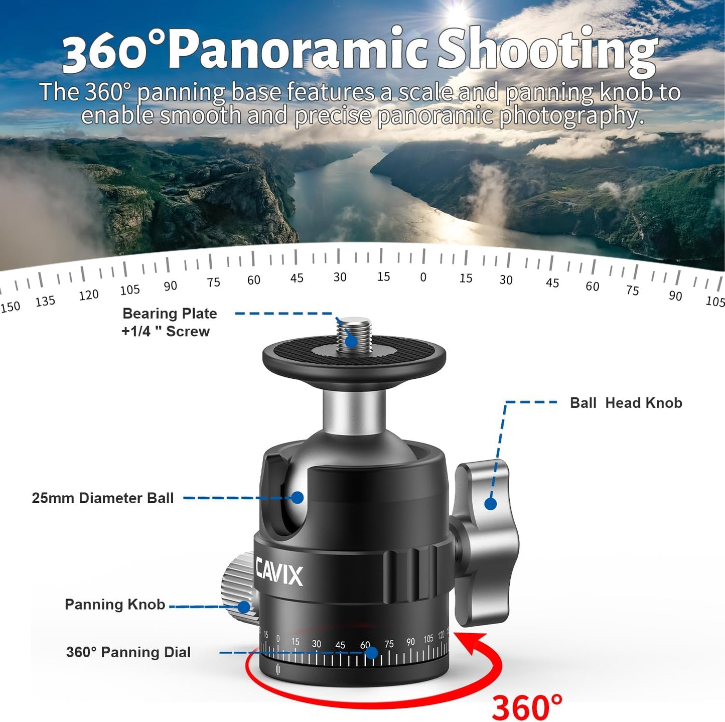 CAVIX MT-03 11 lbs/5 Camera Panoramic Tripod Head Small Ball Head with Arca Swiss Quick Release Plate Bubble Level Load
