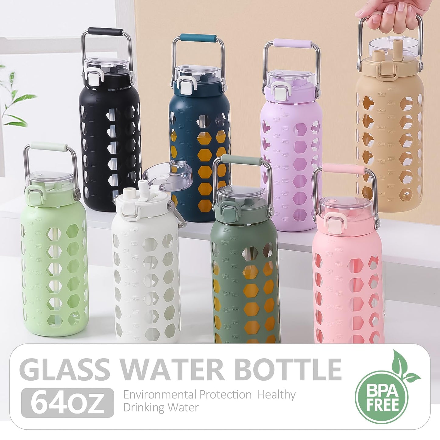 MUKOKO 64oz Glass Water Bottles with Straw and Lid,Half Gallon Water Bottle with Time Marker,Large Glass Water Jug with Silicone Sleeve and Stainless Steel Handle-Pink