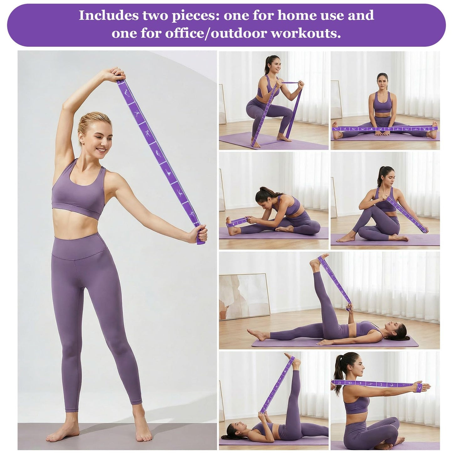 2pcs Yoga Straps for Stretching 12 Gears Elastic Bands for Exercise Stretch Band with Loops for Pilates, Yoga, Ballet, Gymnastics for Women Men, Improves Body Flexibility