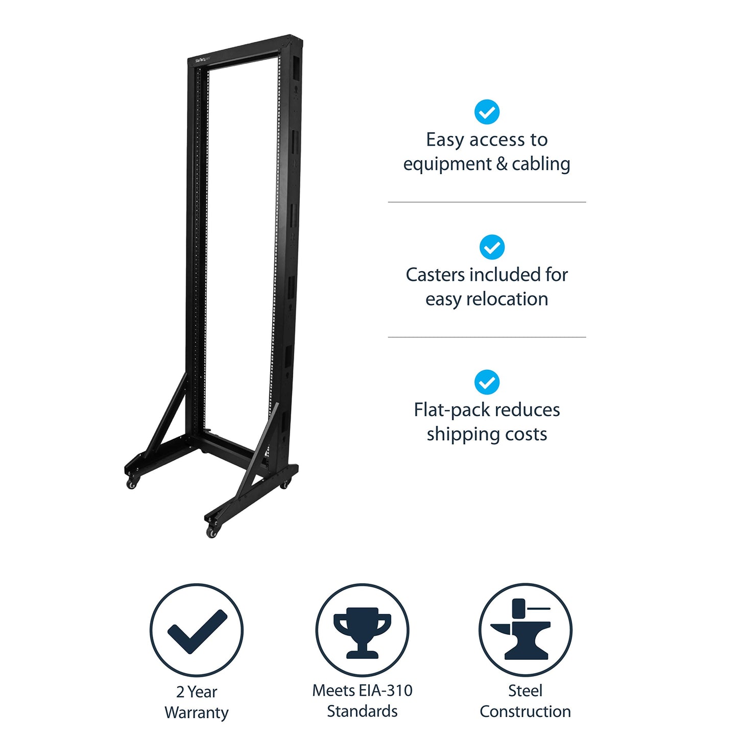 StarTech 42U 2-Post Open Frame Server Rack, 19in Rolling IT Rack with 661lb (300kg) Weight Capacity, Space-Saving Floor-Standing Network Rack
