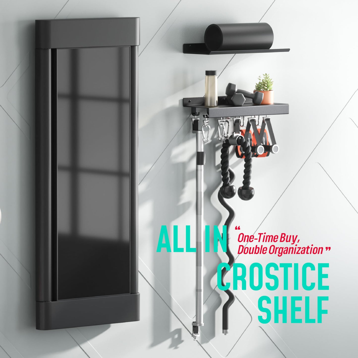Crostice 2-Tier Metal Shelf Compatible with Tonal Accessories, Floating Shelf Organizer for Home Gym Storage, T-Locks Adapter Bracket Hanger, Gym Rack Wall Mounted with Hooks, Workout Storage Holder