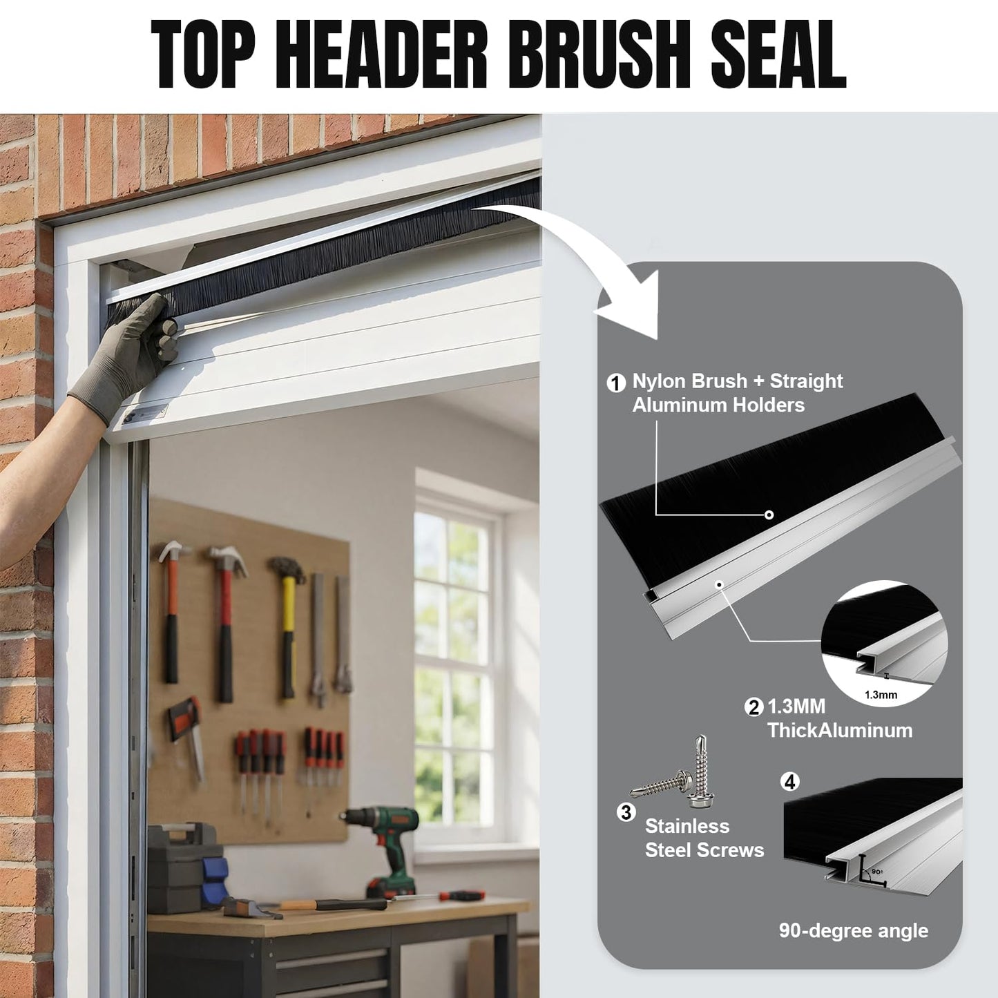 POOAMY 3" Garage Door Brush Seal for Top, Roll Up Doors 8 x 8ft, Nylon Brush with Aluminum Alloy Base, Ideal for Exterior Commercial Door, Warehouse and Industrial Use, Easy Mounting, Black&Silver.