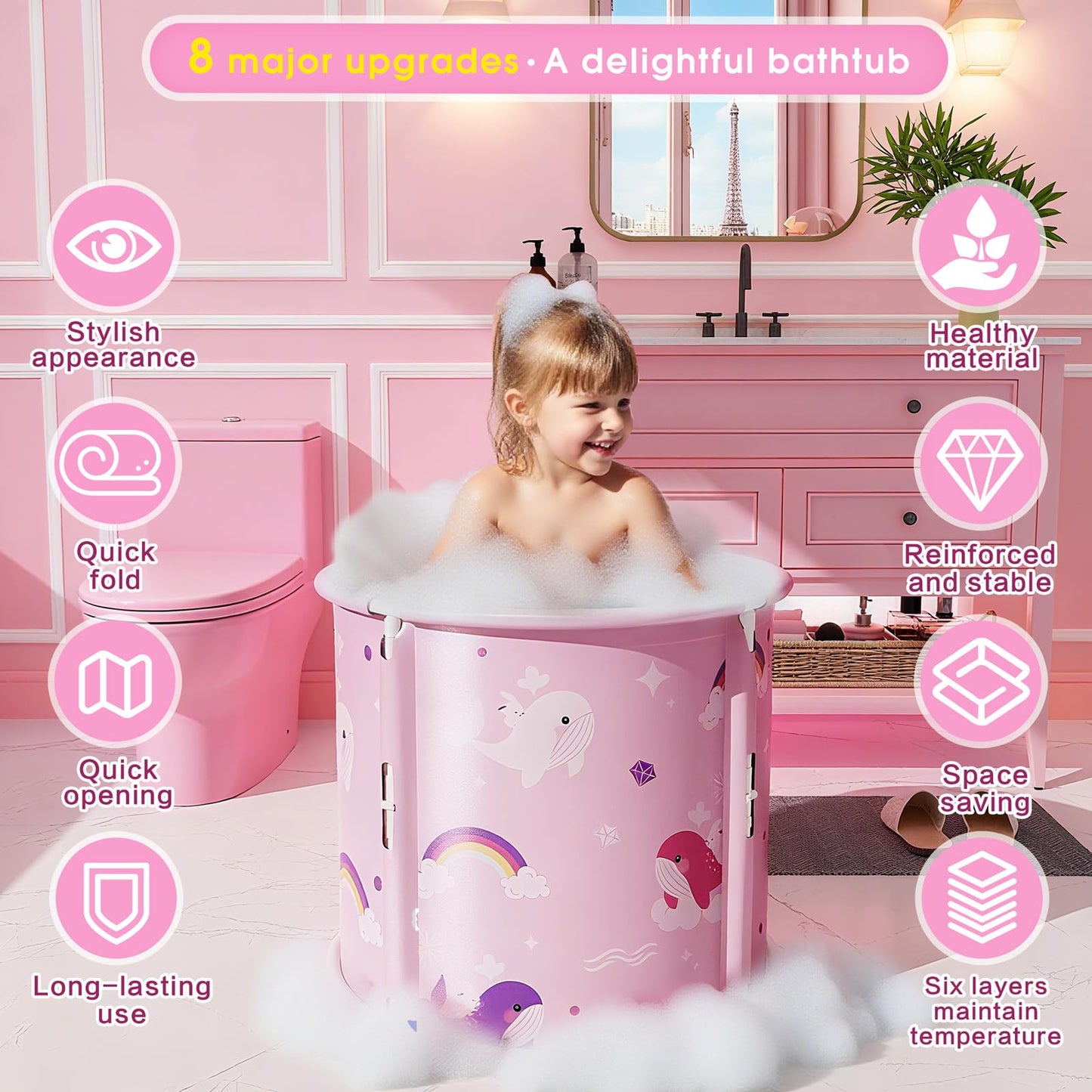 Portable Bathtub, Foldable Bathtub for Kids, Boys and Girls, Therapy Tub for Shower Stall Bathroom Fold Up Japanese Soaking Hot SPA Bath Tub, Outside Ice Bath 21.65''x23.62''(Ocean World Pink)