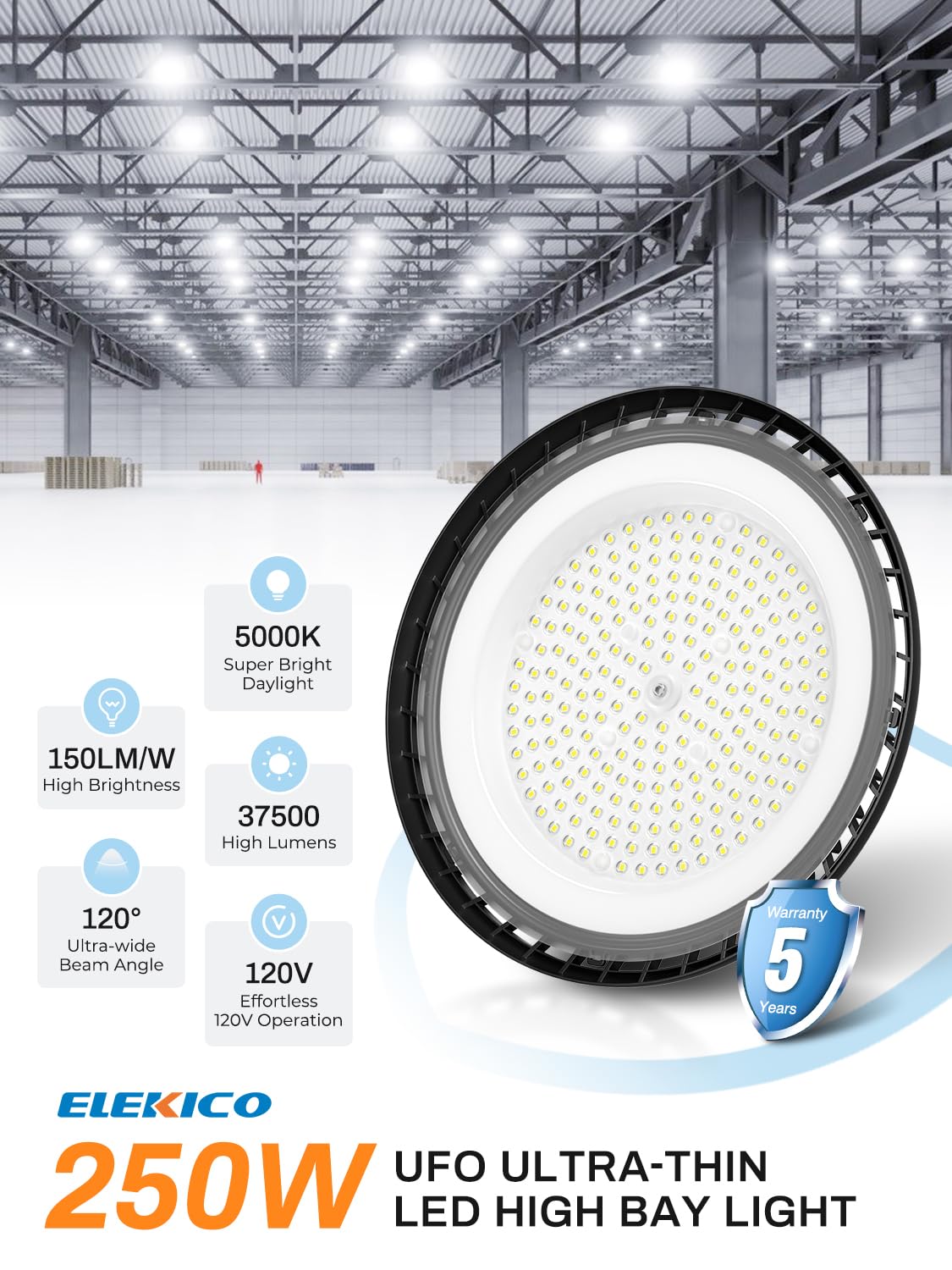 ELEKICO Super Bright 250w High Bay Led Shop Lights 8pack| 5000k 37500lm UFO Led High Bay Light & Commercial Ceiling Lighting Garage Lights for Shop Factory Workshop Warehouse Garage Barn