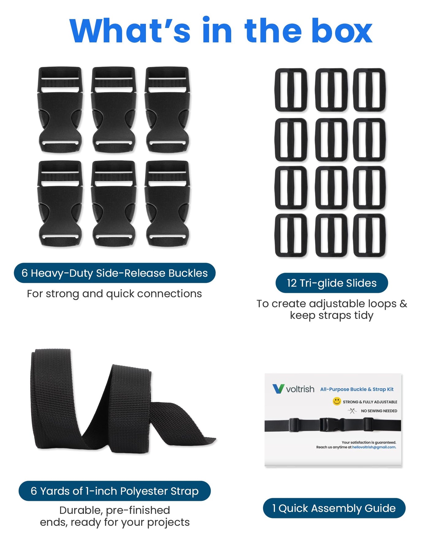 Buckle & Strap Kit - 6 Yards 1 Inch Wide Polyester Webbing Stronger Than Nylon, 6 Plastic Quick Release Buckles & 12 Triglide Clips, Adjustable Extender Straps for Backpack, Dog Collar, Fanny Pack