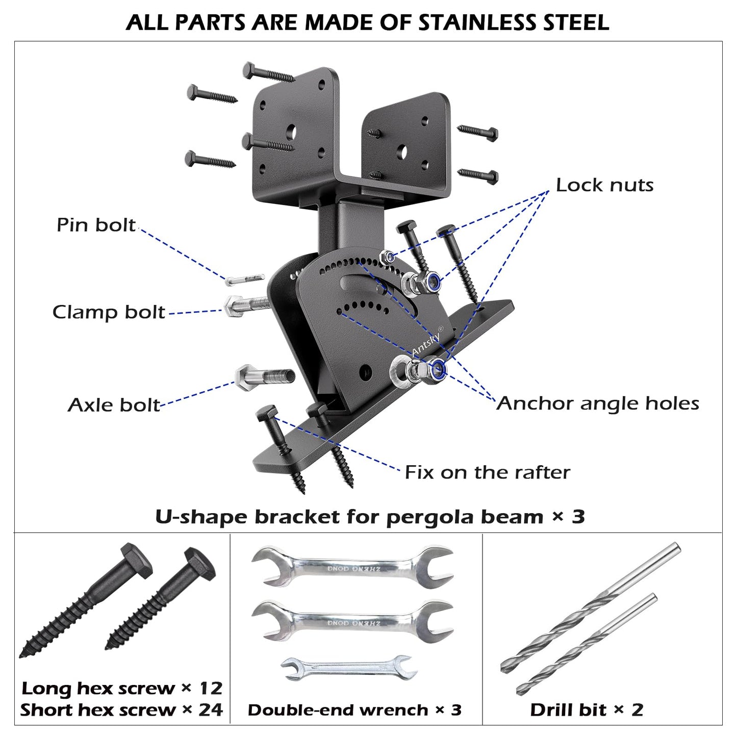 Roof Riser 4x4 (Actual Size:3.5"×3.5") Adjustable & Anchored Angle Saddle Patio Pergola Stainless Steel Roof Riser Patio Kit (3 Pack)(Patent Pending)