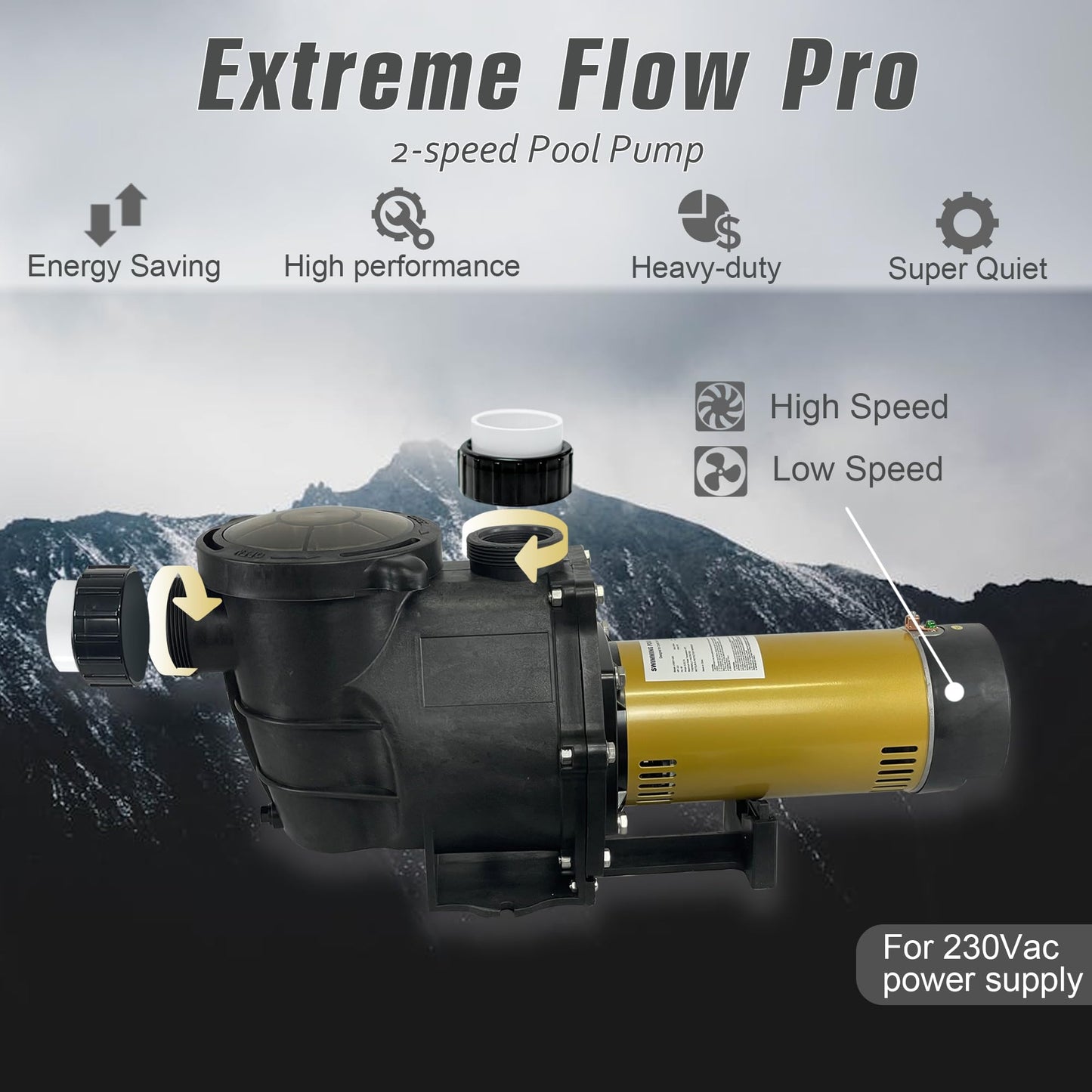 2.5HP PureBy Ingound Pool Pump, 230V Energy Saving Dual Speed Pool Motor, Flow Rate 8100GPH, 2" Port Size with 1.5" & 2" adapters