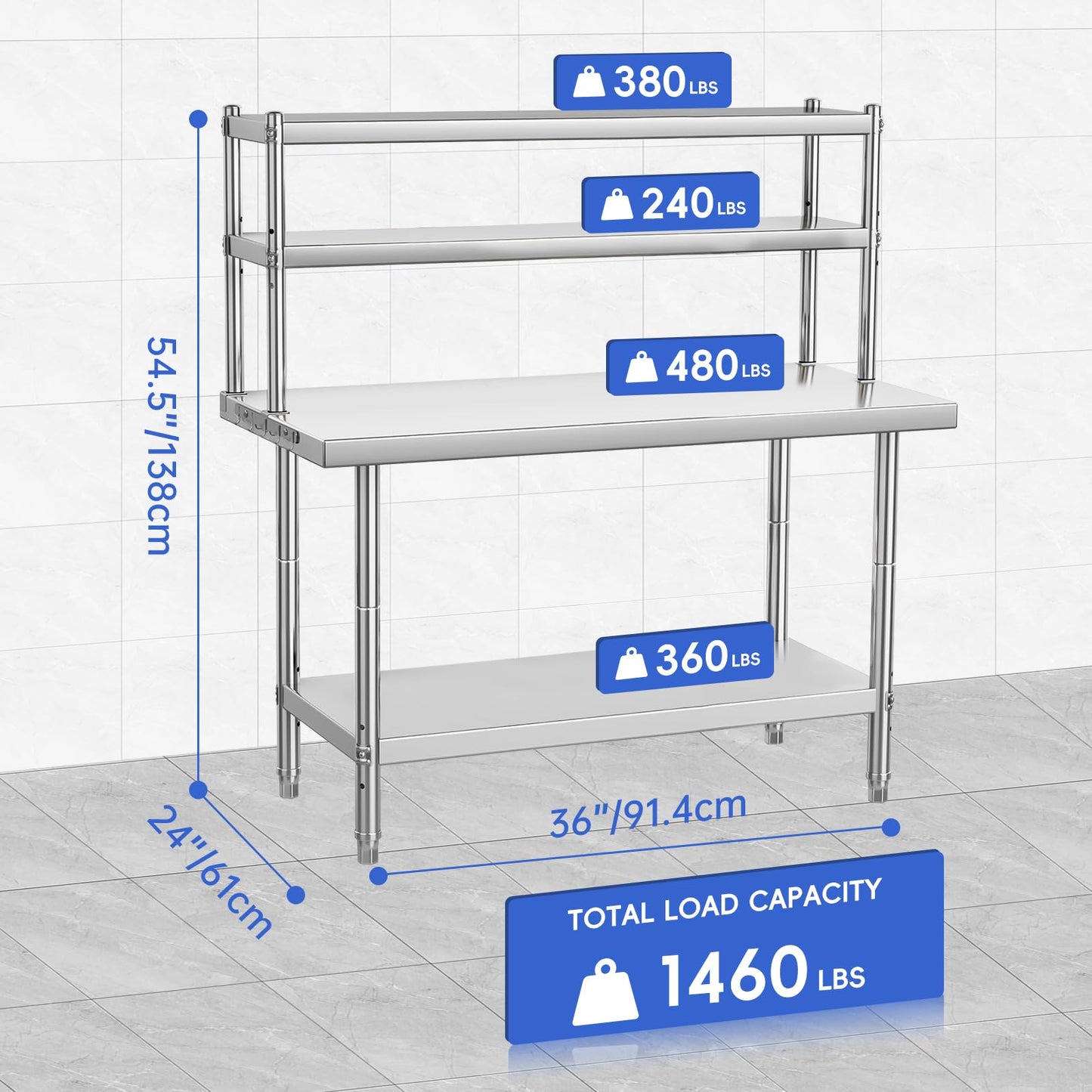36 x 24 in Stainless Steel Table with Overshelves for Prep & Work, NSF Commercial Stainless Steel Kitchen Island with Adjustable Shelf & Hooks for Restaurant, Home and Hotel