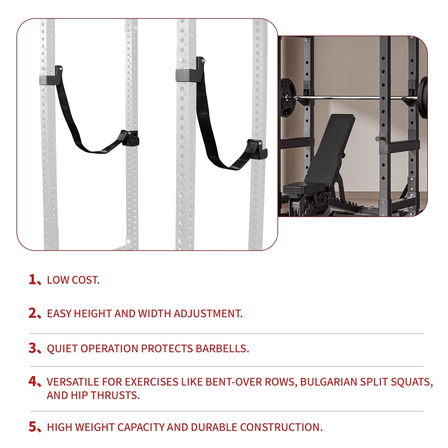 Power Rack Attachments Safety Straps Squat Rack Attachments Fit 3x3 Power Rack for Row Deadlift Bench Press Hip Thrust Chest Press and More (Black, 2"x2" Column,1" Aperture,Straps Length 3.94FT)