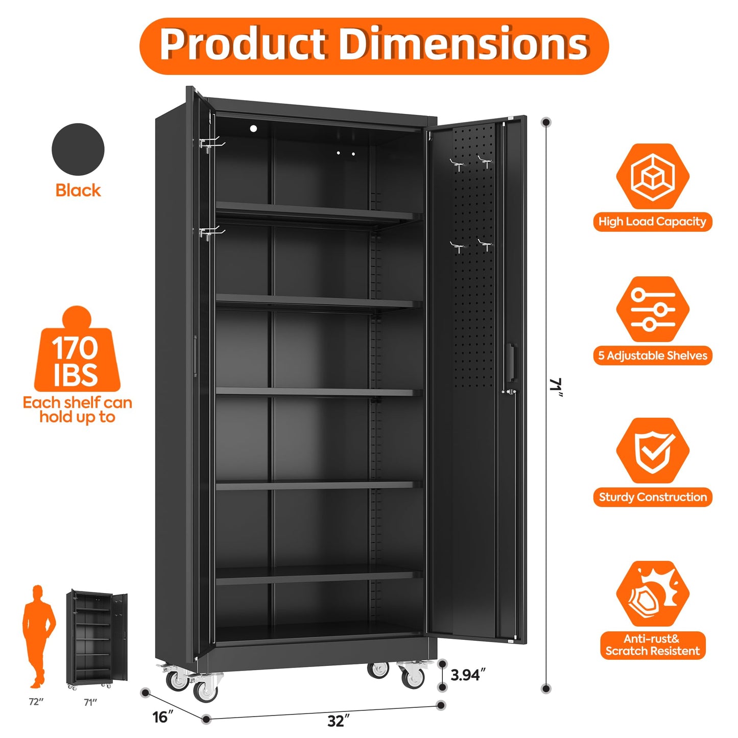 Aobabo Garage Storage Cabinet with Door Pegboard,Lockable Metal Storage Cabinet with 5 Adjustable Shelves for Garage Home,Required Assembly,Black