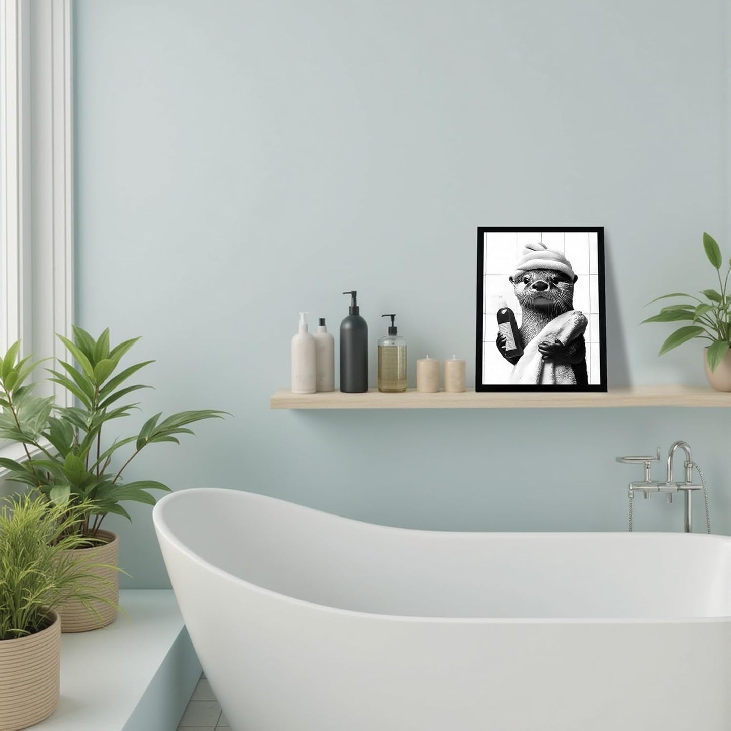SYWENNOI Framed Black and White Bathroom Canvas Art - Funny Otter Bath Decor | Ready to Hang 8x10 Inches