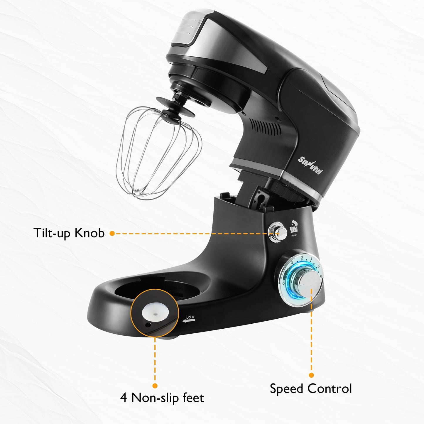 Sunvivi 6-in-1 Multifuctional Stand Mixer, 6.5QT Tilt-Head Dough Mixer, Electric Stand Mixer with Stainless Steel Bowl for Cake, Bread, and Dough, with Meat Grinder, Juice Blender & Pasta Maker