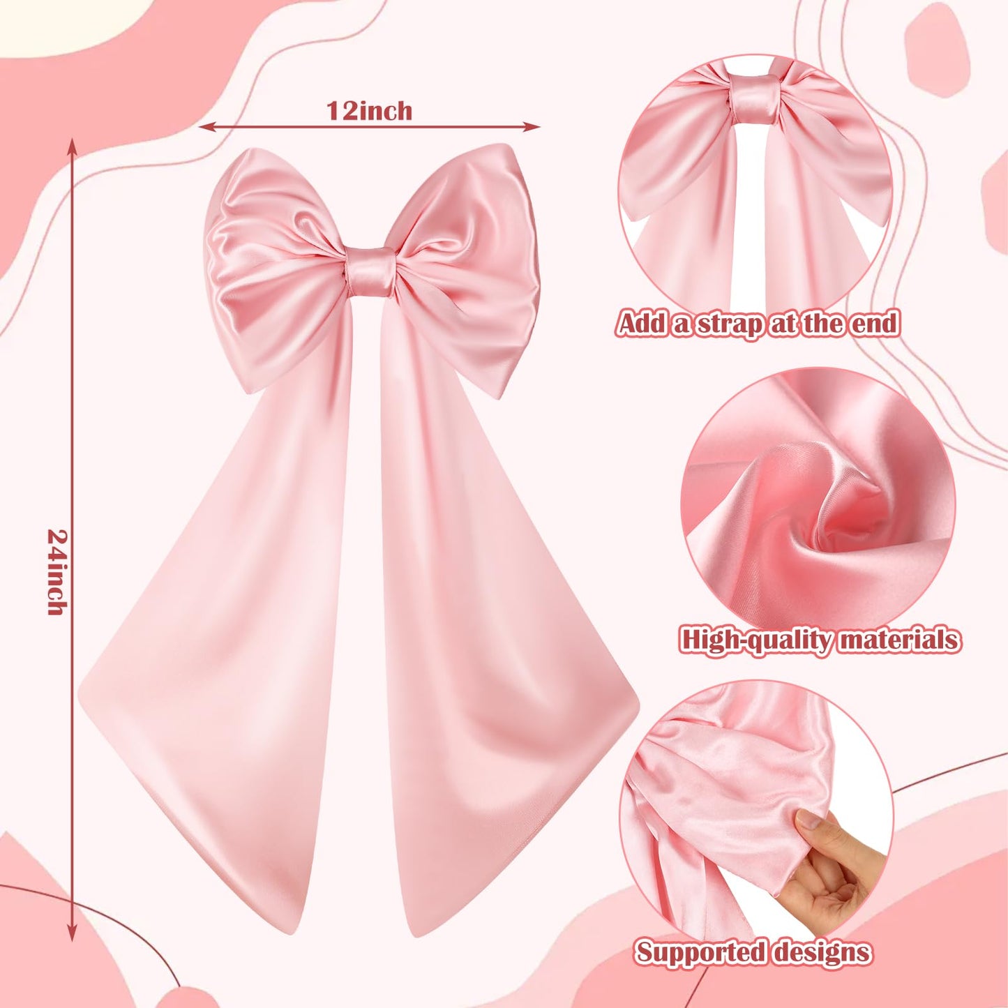 Suncalla 2 Pcs Large Pink Bows for Decoration 12" x 24" Pink Crib Bows Ribbon Coquette Double Layer Satin Silk Baby Crib Bedding for Nursery Baby Shower Curtain Tie Backs Bachelorette Wedding Decor