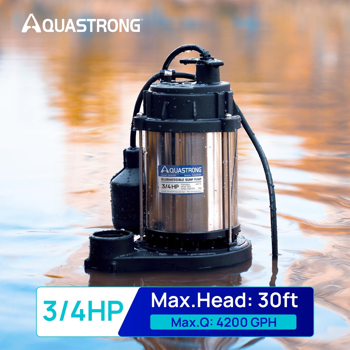AQUASTRONG 3/4 HP Sump Pump, 4200 GPH Stainless Steel and Thermoplastic Submersible Water Pump, Automatic Float Switch with Piggy-back Plug,1-1/2" NPT Discharge Subpumps for Basement and Flooding Area
