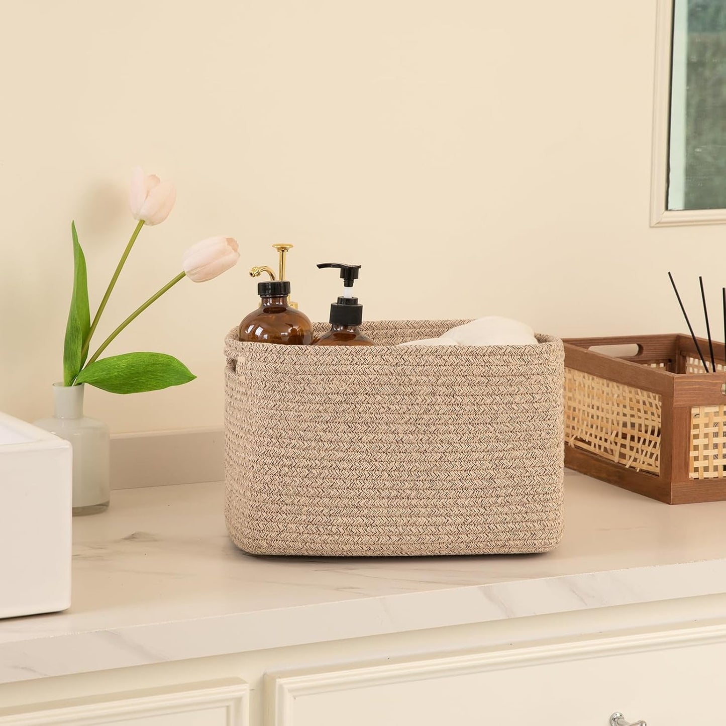 OIAHOMY Storage Baskets - 4 Pack Woven Cube Organizers with Handles | 12.7''L x 9''W x 7.8''H, Brown