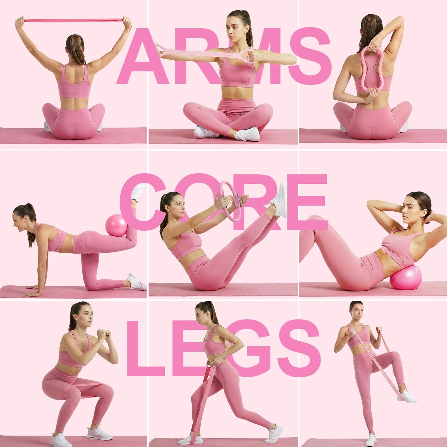 ElaraFit 13 Piece Pilates Kit for Women, Home Pilates Ring and Ball Set with 5 Resistance Bands, Stretch Strap, Arm Exerciser, Grip Socks, Storage Bag and Workout Guide, 13 Inch Magic Circle, All Pink