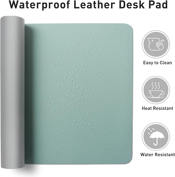 Aothia Faux Leather Desk Mat - Non-Slip PU Leather Desk Blotter, Waterproof Writing Surface, Large Desk Pad for Office & Home (Light Blue, 55" x 24")