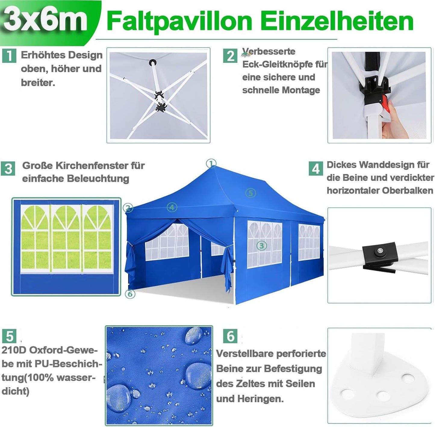COBIZI Canopy 10x20 Pop Up Canopy Tent with 6 Sidewalls, Waterproof Commercial Canopy Ez Outdoor Instant Gazebo Easy to Set up Event Shelter, Garden Tents for Parties with Sandbags, Blue