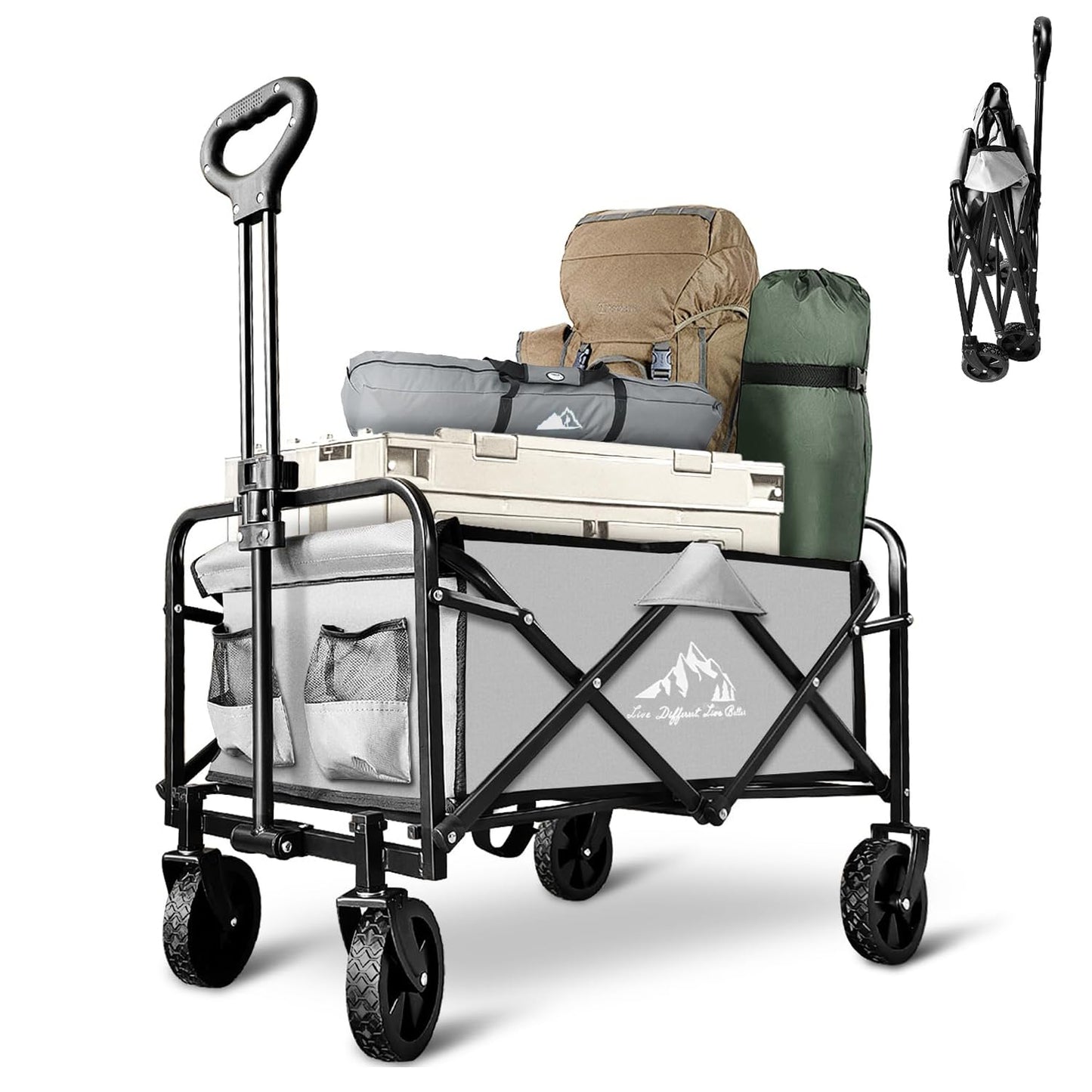 SAILARY Collapsible Wagon with Quiet Wheels - Silent Grocery Shopping Cart for Seniors, Foldable Utility Cart for Laundry & Apartment, Washable Heavy Duty Rolling Wagon with Two Mesh Pockets, Gray