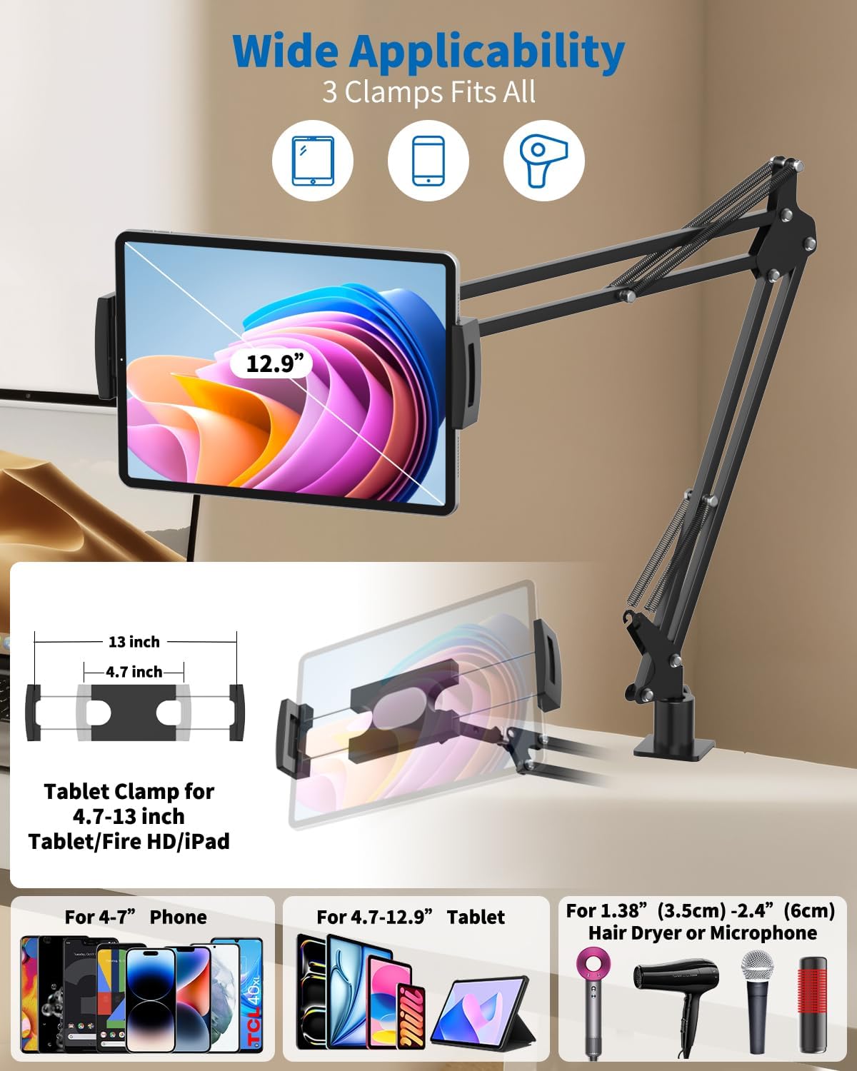 LILANZo 1/4" Overhead Camera Phone Mount, Desk Phone Stand for Recording, Phone Holder for Bed with Phone/Tablet/Mic