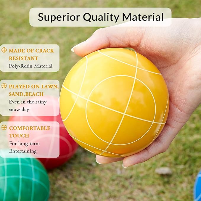 ApudArmis Bocce Balls Set, Outdoor Family Bocce Game for Backyard/Lawn/Beach - Set of 8 Poly-Resin Balls & 1 Pallino & Nylon Carrying Case & Measuring Rope (90mm)