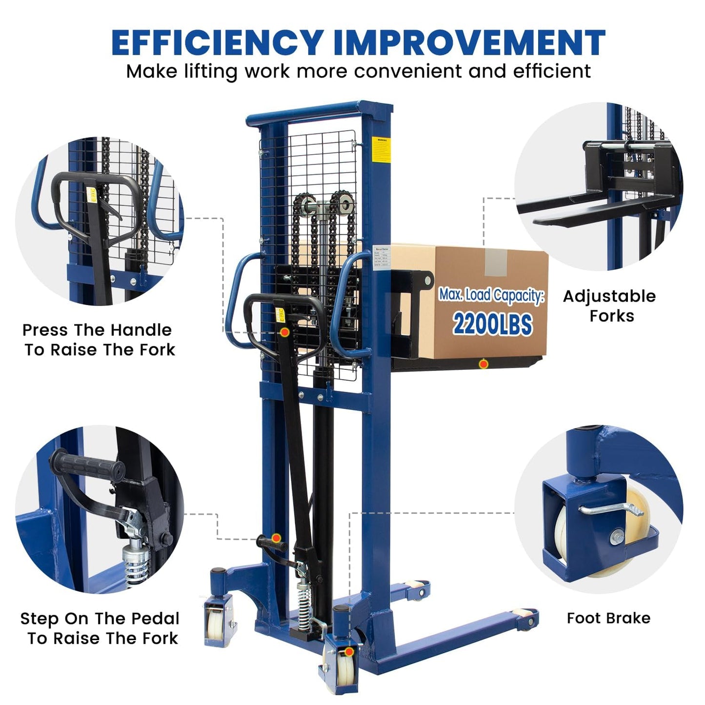Fworkleft Manual Pallet Stacker 2200 LBS Capacity, 63" Lift Height Hand Pallet Forklift with Adjustable Forks & Fixed Legs, Heavy Duty Warehouse Material Lift for Open Deck Pallets