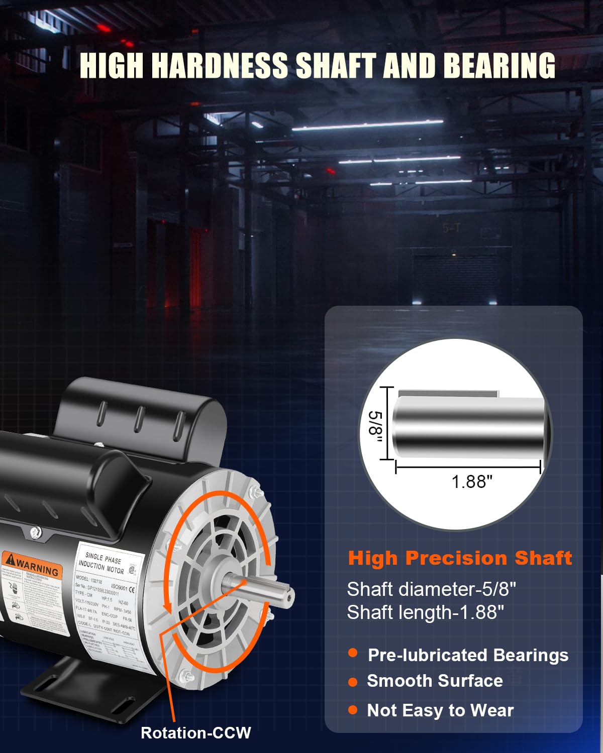 2 HP SPL Air Compressor Motor, Single Phase 3450 RPM Electric Motor, AC 115/230V 15/7.5A, 56 Frame 5/8" Shaft Diameter, Commercial-Duty CCW Rotation, 1.88" Shaft Length for Air Compressors