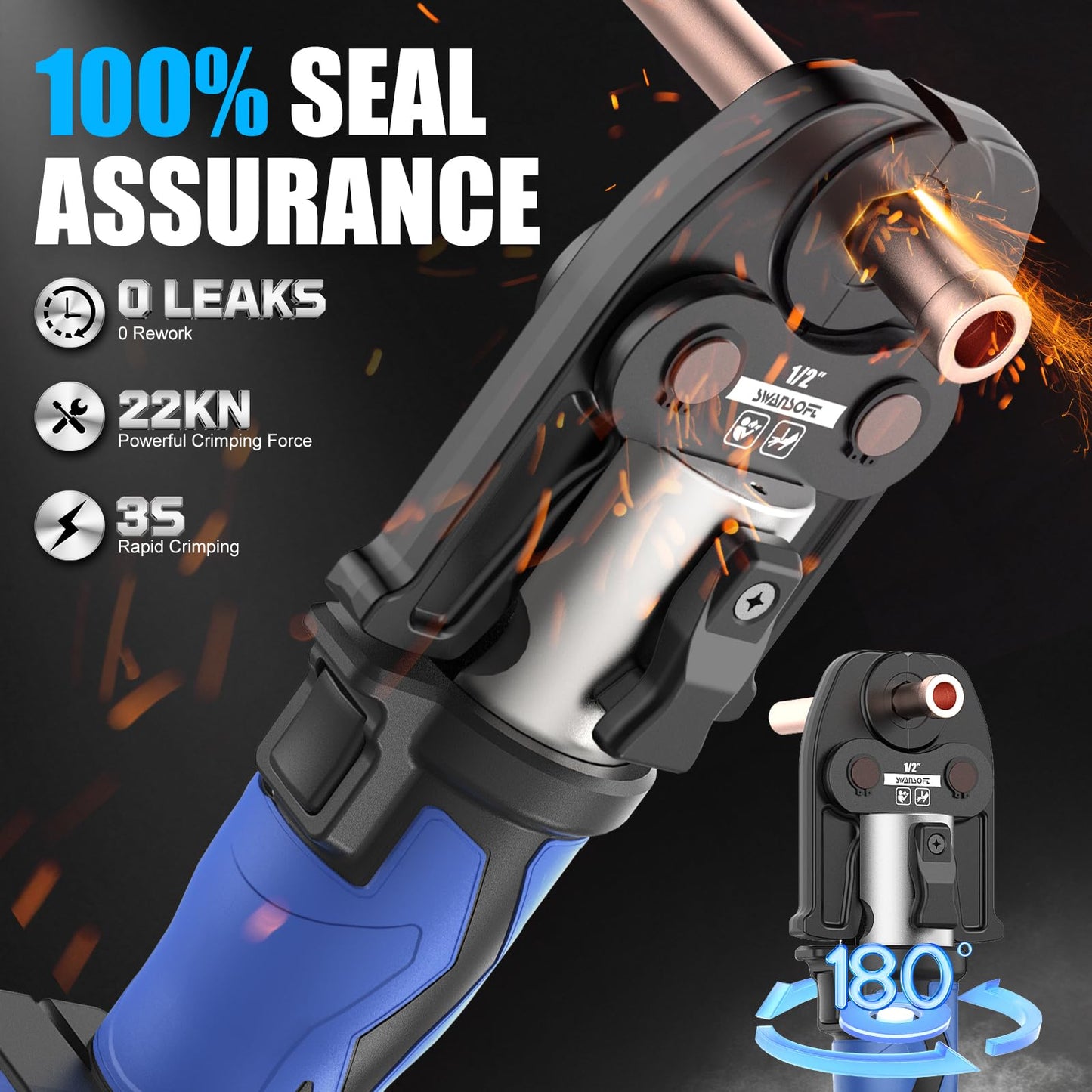 SWANSOFT Pro Press Tool, 18V 4Ah Battery Electric Hydraulic Crimping Tool for Copper Pipes with 3 US Compact VUS 1/2", 3/4'', 1",Jaws Pro Press Copper Plumbing Crimper Tool Kit(SWPR-12522B)