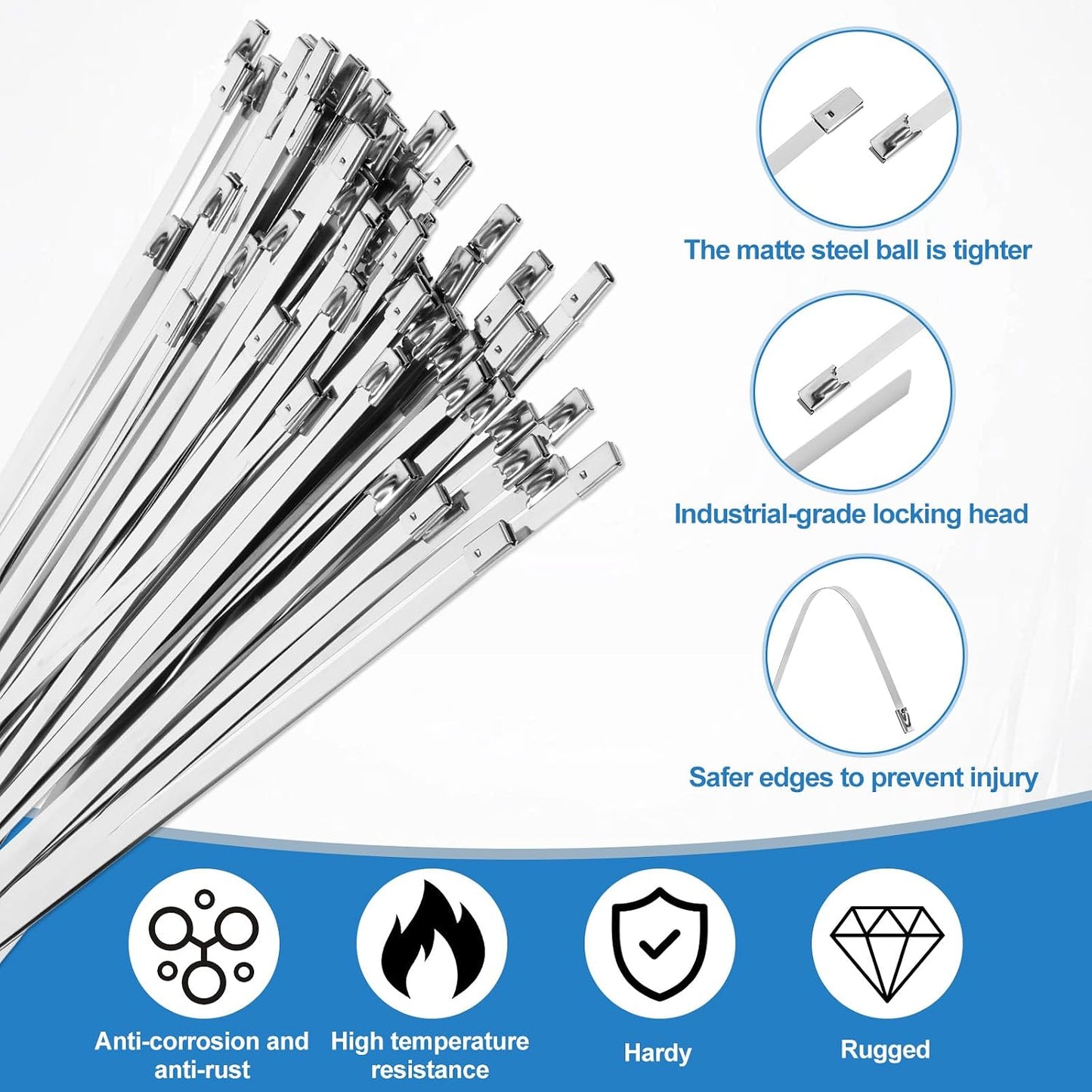FdcZeyxior 500 11.8 Inch 304 220 Pcs Metal Zip Ties Heavy Duty Stainless Steel Zip Ties Self Locking Pound Tensile