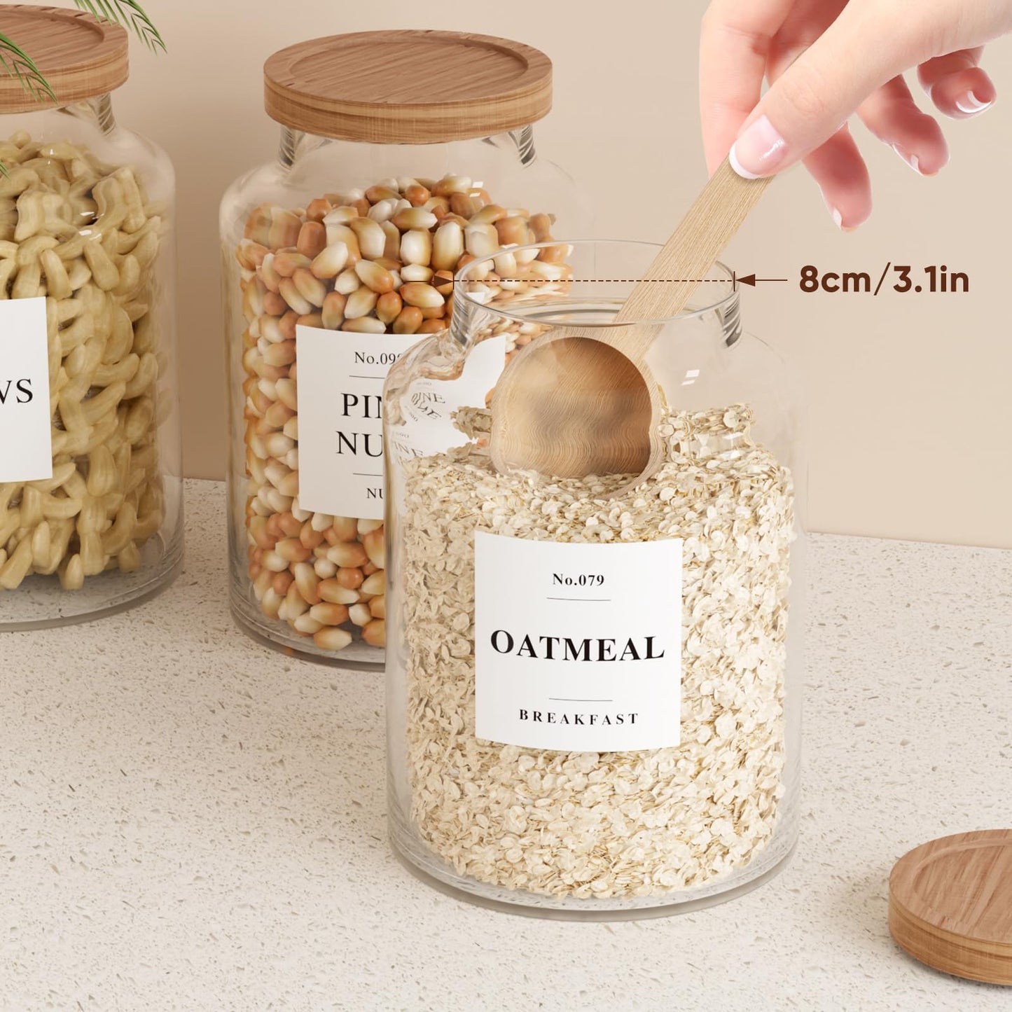 2 PCS Flour Sugar Storage Containers Glass, Large Glass Food Storage Jars with Wood Airtight Lids, 132 Pantry Labels and 2 spoon for Coffee, Flour, Sugar, Spice (70 oz/2000 ml)