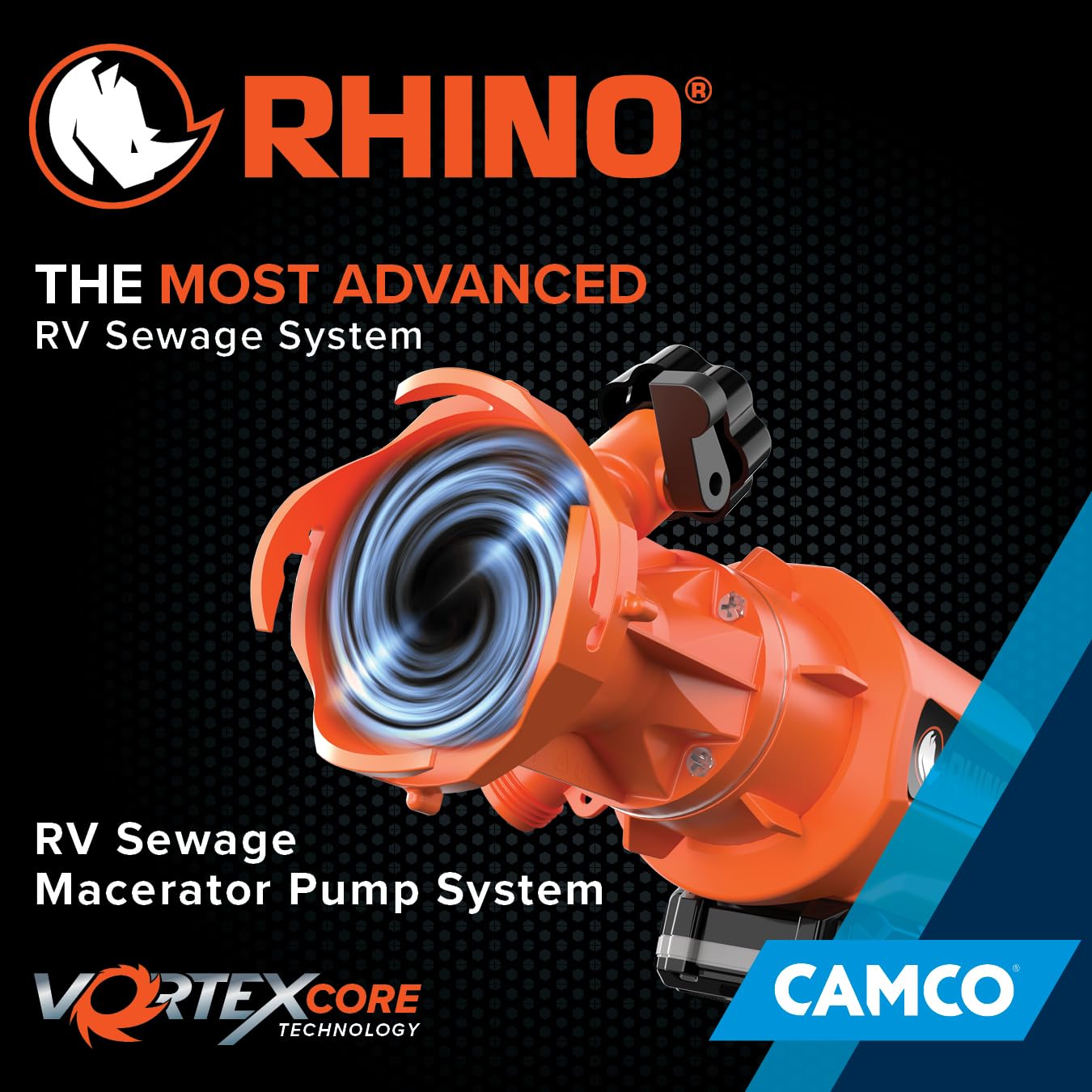 Camco Rhino 18V Cordless RV Macerator Pump – Portable Sewage Waste Pump System, Lithium Battery Powered, Pumps Uphill & Long Distance, Fits 3”–4” Sewer Outlet, Quiet Brushless Motor, 12 GPM (39030)