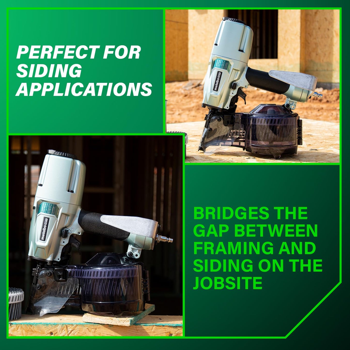 Metabo HPT Siding/Light Framing Coil Nailer, Pro-Preferred Pneumatic Power Nailers for Versatile Siding and Framing Tasks, Tool For 16° Wire 1-3/4"-3" and 15° Plastic to 1-3/4" - 2/14" Nails, NV75A5