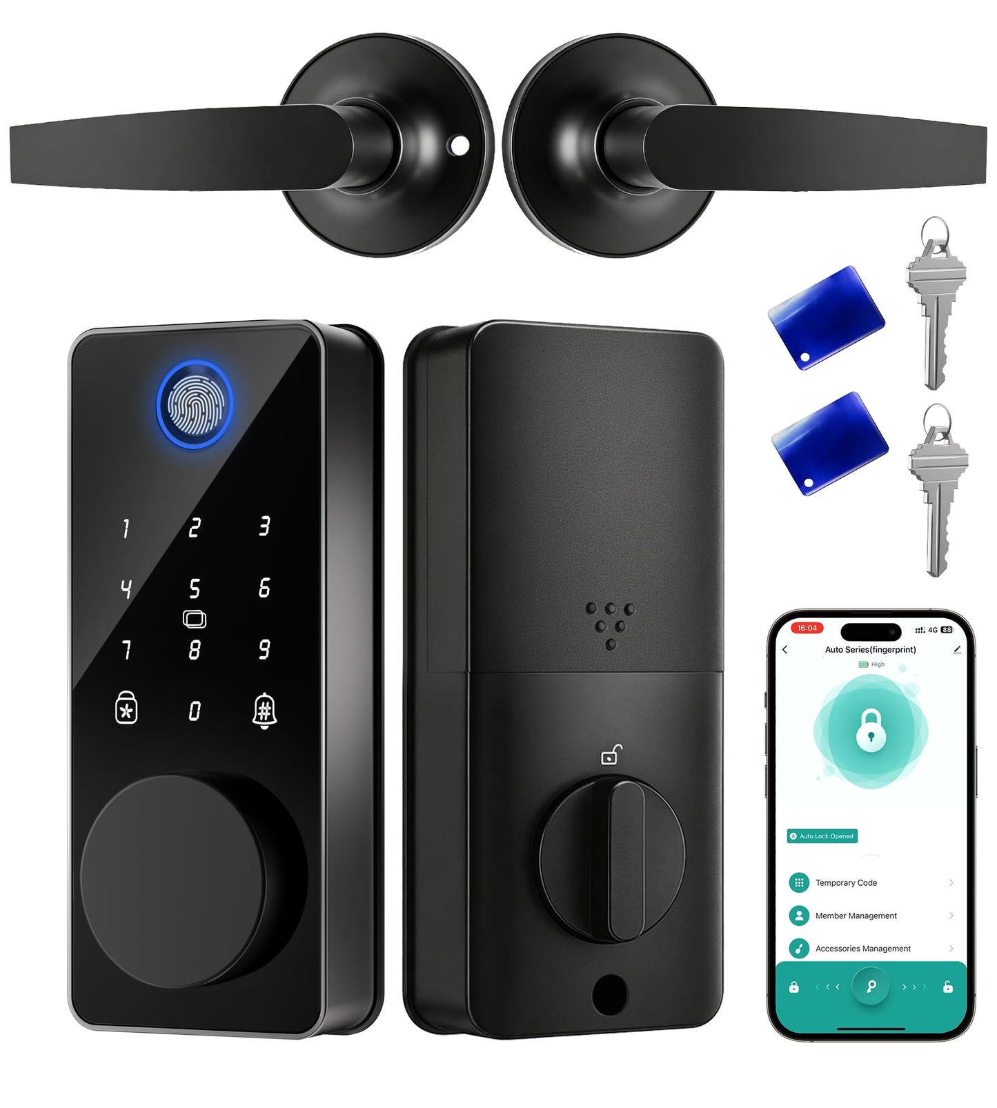 IBLOG Smart Lock with 2 Lever Handle Set, Fingerprint Keyless Entry Door Lock Front Door App Control, Electronic Touchscreen Keypad Deadbolt, Auto Lock, IP54 Waterproof, Easy Install Built-in Doorbell