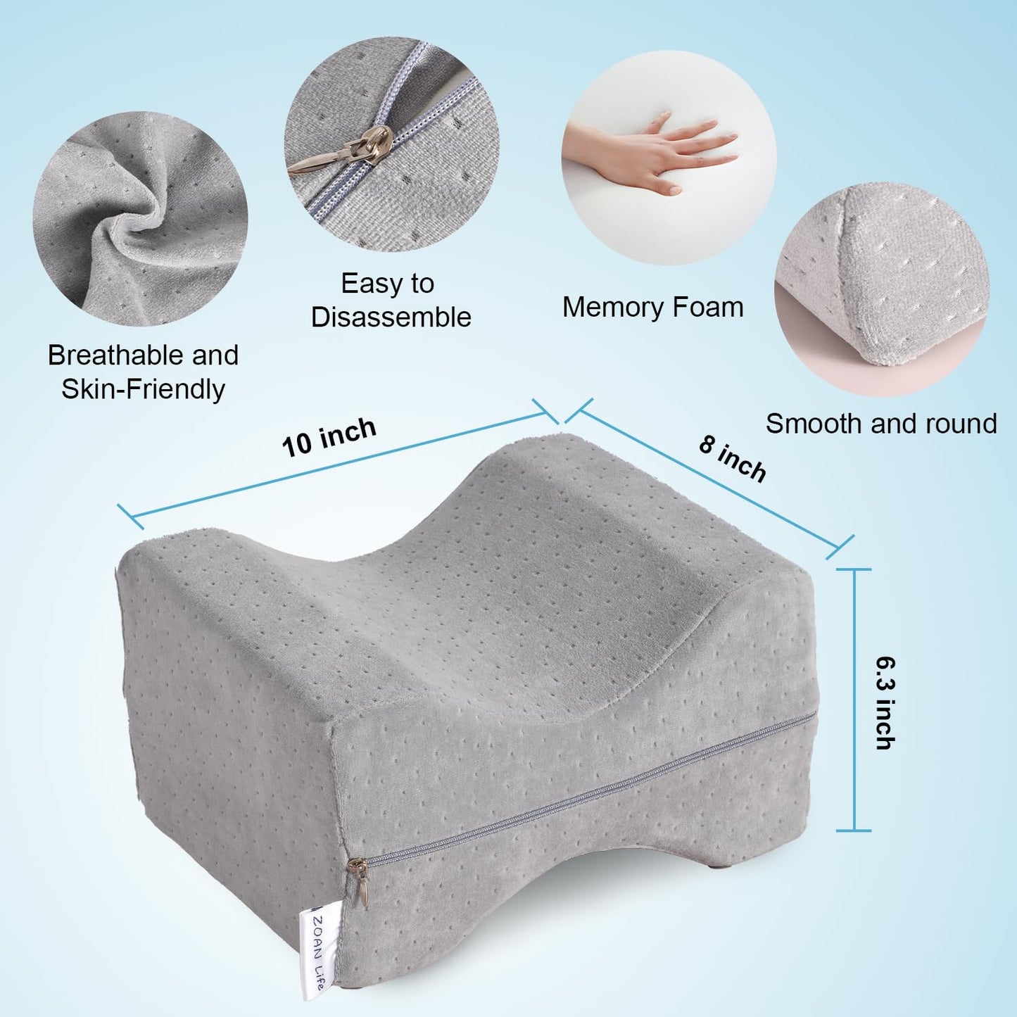 ZOAN Memory Foam Knee Pillow, Knee Pillow for Side Sleepers, Leg Pillow for Side Sleeping, Hip and Back Pain, Sciatica Pain Relief Pillow Grey