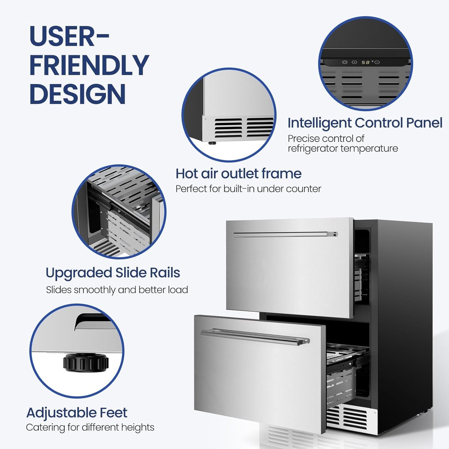Electactic Under Counter Refrigerator, 24 Inch Double Drawer Beverage Fridge, Built-in Outdoor Beverage Cooler for Soda Drink & Beer, 145 Cans for Kitchen & Commercial, Stainless steel
